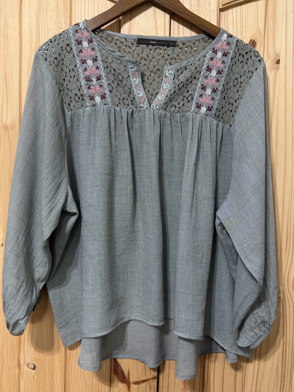 Hazel Embroidered Lace Yoke Peasant Blouse Sage Gray Size L